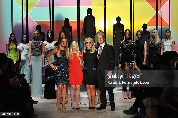 Cassandra DeVos, Sydney DeVos, designer Pamella Roland and Cole DeVos walk the runway at the Pamella Roland Spring 2016 fashion show at The Whitney...