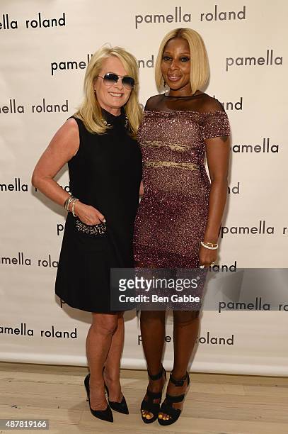 Designer Pamella Roland and Singer-songwriter Mary J. Blige poses backstage at the Pamella Roland Spring 2016 fashion show at The Whitney Museum of...