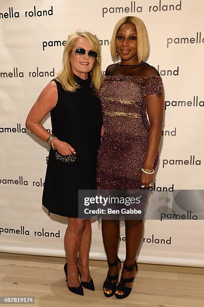 Designer Pamella Roland and Singer-songwriter Mary J. Blige poses backstage at the Pamella Roland Spring 2016 fashion show at The Whitney Museum of...