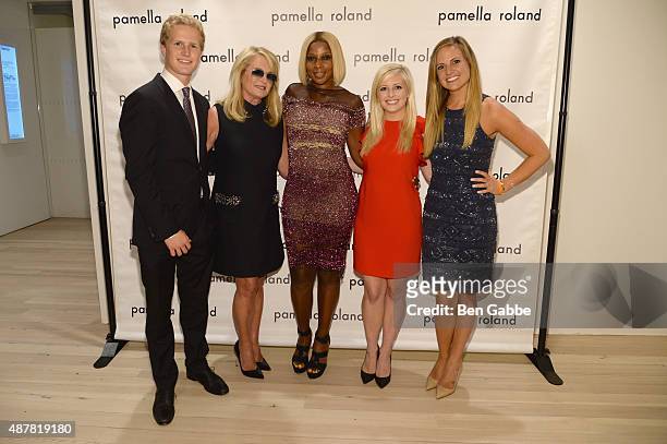 Cole DeVos, Pamella Roland, Mary J. Blige, Sydney DeVos and Cassandra DeVos pose backstage at the Pamella Roland Spring 2016 fashion show at The...