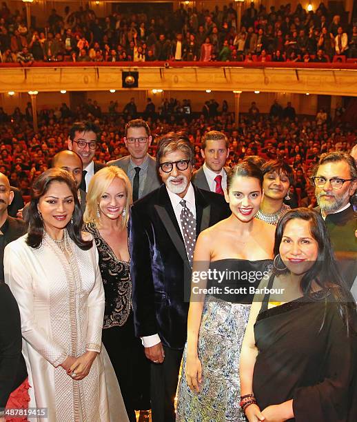 Indian film actor, Amitabh Bachchan poses with award winners including Indian actresses, Kangana Ranaut and Simi Garewal and Indian filmmaker Rakeysh...