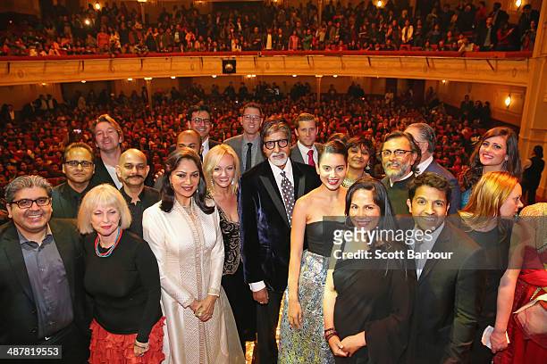 Indian film actor, Amitabh Bachchan poses with award winners including Indian actresses, Kangana Ranaut and Simi Garewal and Indian filmmaker Rakeysh...