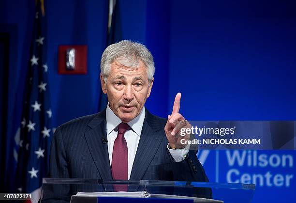 Defense Secretary Chuck Hagel speaks at the Woodrow Wilson Center in Washington on May 2, 2014 to mark the 20th anniversary of the Brussels Summit,...