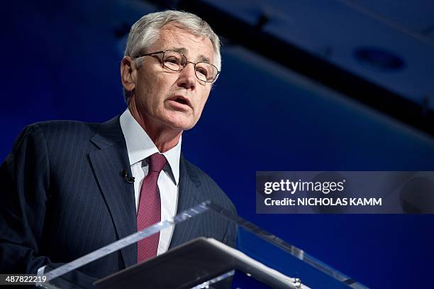 Defense Secretary Chuck Hagel speaks at the Woodrow Wilson Center in Washington on May 2, 2014 to mark the 20th anniversary of the Brussels Summit,...