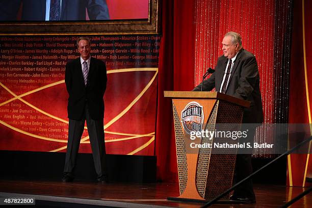 Inductee Tom Heinsohn speaks during the 2015 Basketball Hall of Fame Enshrinement Ceremony on September 11, 2015 at the Naismith Basketball Hall of...