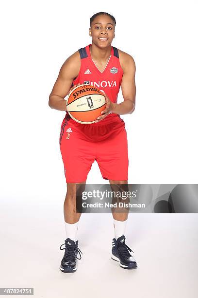 Dia Mathies of the Washington Mystics poses for a photo during 2014 Washington Mystics media day at the Verizon Center on April 28, 2014 in...