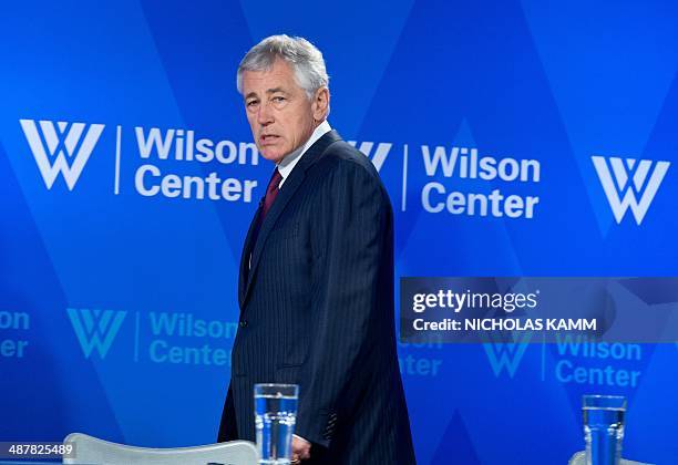 Defense Secretary Chuck Hagel arrives to speak at the Woodrow Wilson Center in Washington on May 2, 2014 to mark the 20th anniversary of the Brussels...