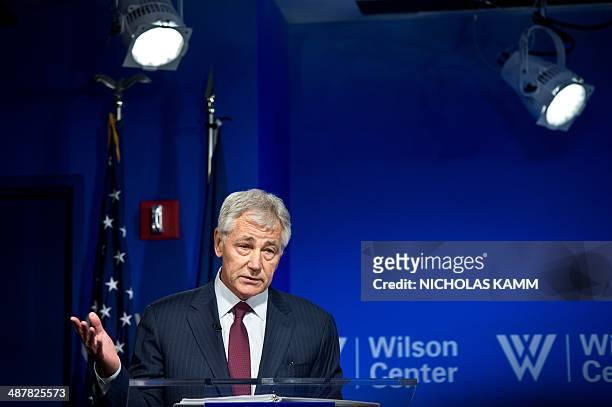 Defense Secretary Chuck Hagel speaks at the Woodrow Wilson Center in Washington,DC on May 2, 2014 to mark the 20th anniversary of the Brussels...