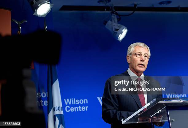 Defense Secretary Chuck Hagel speaks at the Woodrow Wilson Center in Washington,DC on May 2, 2014 to mark the 20th anniversary of the Brussels...