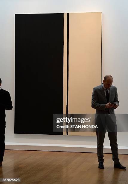 Barnett Newman's "Black Fire I", painted in 1961, on display May 2, 2014 during a preview of the Impressionist and Modern Art sale at Christie's that...