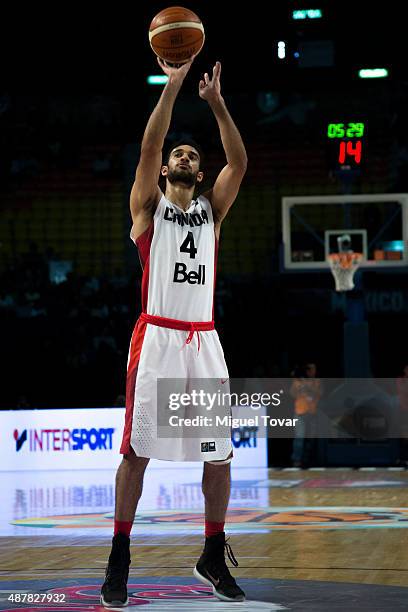 Philip Scrubb of Canada takes a free throw during a semifinals match between Canada and Venezuela as part of the 2015 FIBA Americas Championship for...