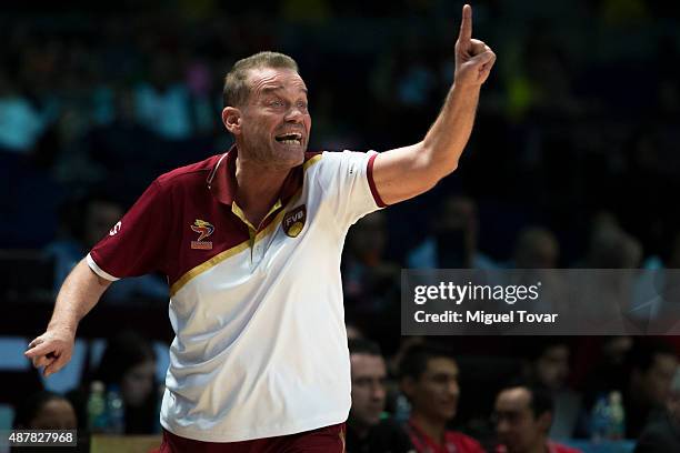 Nestor Garcia coach of Venezuela gestures during a semifinals match between Canada and Venezuela as part of the 2015 FIBA Americas Championship for...