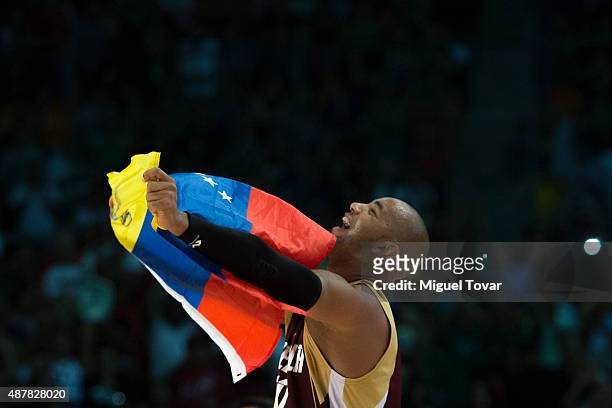 Jose Vargas of Venezuela celebrates after winning a semifinals match between Canada and Venezuela as part of the 2015 FIBA Americas Championship for...