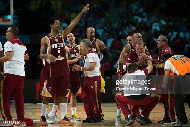 Players of Venezuela celebrate after winning a semifinals match between Canada and Venezuela as part of the 2015 FIBA Americas Championship for Men...