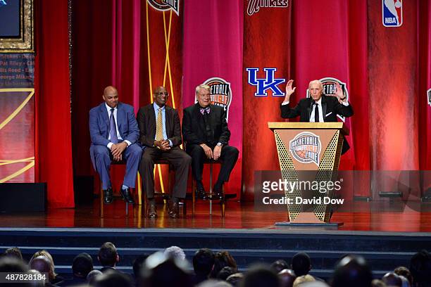 Inductee Dick Bavetta speaks during the 2015 Basketball Hall of Fame Enshrinement Ceremony on September 11, 2015 at the Naismith Basketball Hall of...