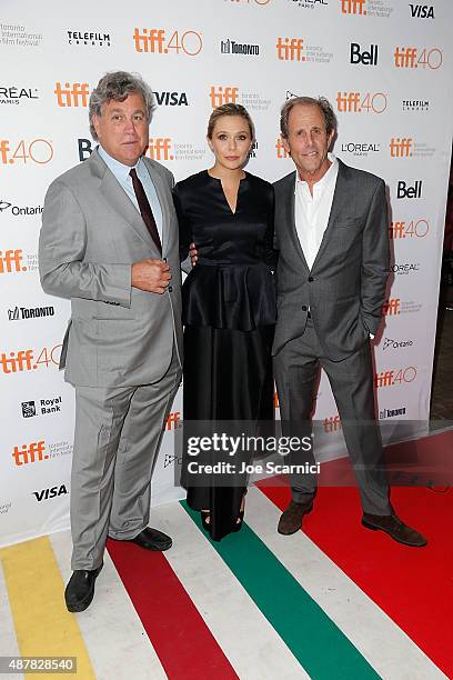 Co-President and Co-Founder of Sony Pictures Classics Tom Bernard, actress Elizabeth Olsen and director/screenwriter Marc Abraham 2015 Toronto...