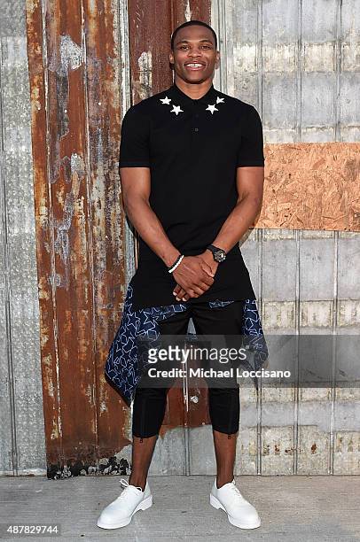 Basketball player Russell Westbrook attends the Givenchy fashion show during Spring 2016 New York Fashion Week at Pier 26 at Hudson River Park on...