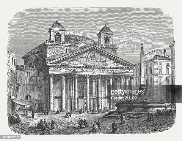 piazza della rotonda wit pantheon in rome, published in 1878 - ancient rome city stock illustrations