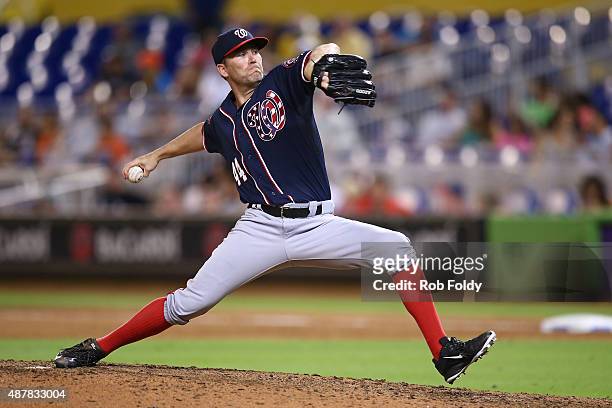 Casey Janssen of the Washington Nationals pitches during the seventh inning of the game against the Miami Marlins at Marlins Park on September 11,...