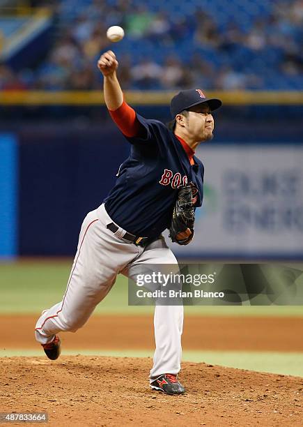 Junichi Tazawa of the Boston Red Sox pitches during the eighth inning of a game against the Tampa Bay Rays on September 11, 2015 at Tropicana Field...