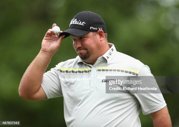 Brendon de Jonge of Zimbabwe aknowledges the crowd as he finishes his course record equalling round of 62 during the second round of the Wells Fargo...