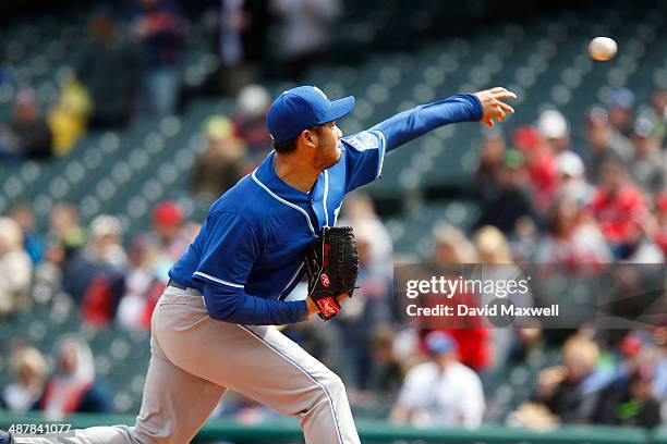 Bruce Chen of the Kansas City Royals pitches against the Cleveland Indians during the first inning of their game on April 24, 2014 at Progressive...