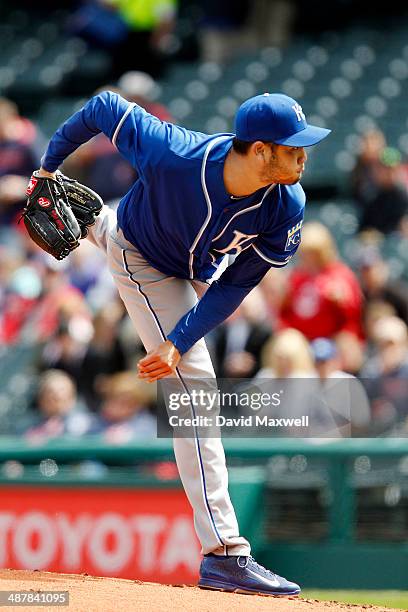 Bruce Chen of the Kansas City Royals pitches against the Cleveland Indians during the first inning of their game on April 24, 2014 at Progressive...