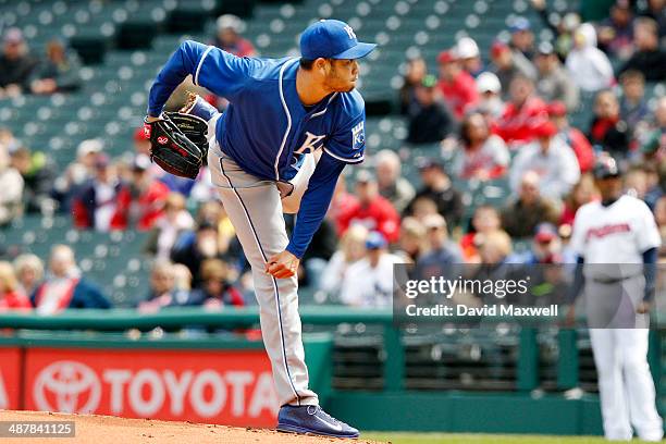 Bruce Chen of the Kansas City Royals pitches against the Cleveland Indians during the first inning of their game on April 24, 2014 at Progressive...