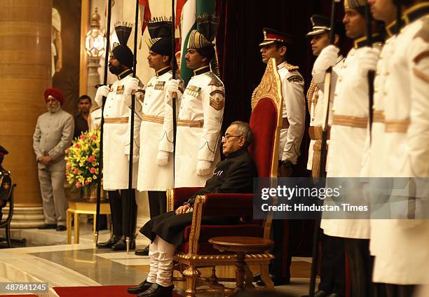 President Pranab Mukherjee during a Defence Investiture Ceremony at Rashtrapati Bhawan, on May 2, 2014 in New Delhi, India. COBRA commando Bhrigu...