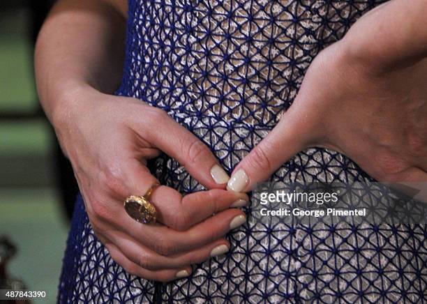 Actress Emily Blunt, fashion detail, attends the "Sicario" premiere during the 2015 Toronto International Film Festival at Princess of Wales Theatre...
