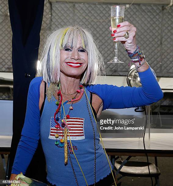 Designer Betsey Johnson poses at her show during Spring 2016 New York Fashion Week: The Shows at The Arc, Skylight at Moynihan Station on September...