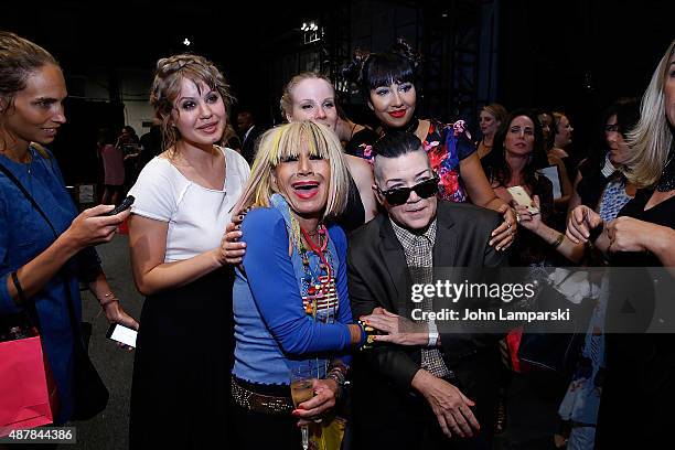 Emily Althaus, Emma Myles, designer Betsy Johnson, Jackie Cruz, and Lea DeLaria attend the Betsey Johnson show during Spring 2016 New York Fashion...