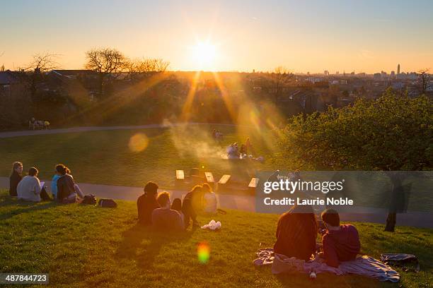 sunsetting over telegraph hill park - large group in park imagens e fotografias de stock