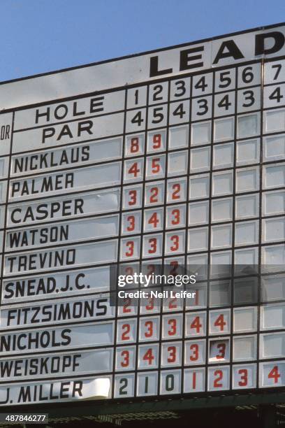 View of leaderboard showing Jack Nicklaus and Arnold Palmer in lead during Saturday play at Augusta National. Augusta, GA 4/12/1975 CREDIT: Neil...