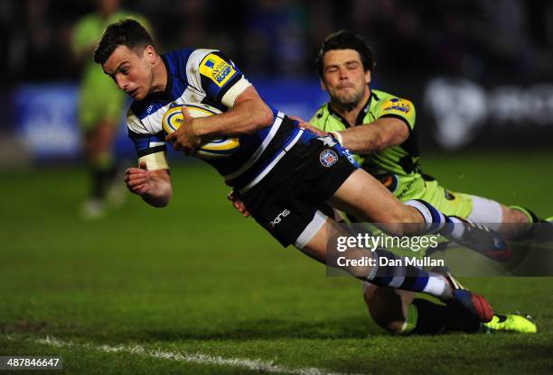 George Ford of Bath goes over for his side's first try during the Aviva Premiership match between Bath and Northampton Saints at The Recreation...