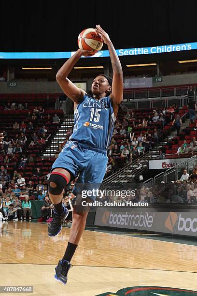 Asjha Jones of the Minnesota Lynx shoots the ball against the Seattle Storm on September 11, 2015 at Key Arena in Seattle, Washington. NOTE TO USER:...