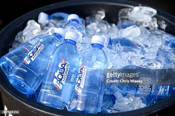 Aqua Hydrate water bottles are seen during the Cycle for Heroes event to benefit The Heroes Project at Santa Monica Pier on September 11, 2015 in...
