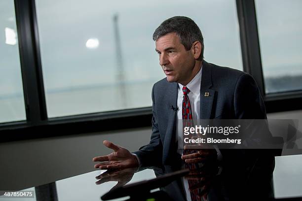 Michael "Mike" Petters, president and chief executive officer of Huntington Ingalls Industries Inc., speaks during a Bloomberg Television interview...