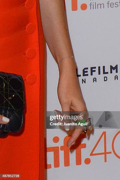Actress Elsa Zylberstein, ring detail, attends the premiere of 'Un Plus Une at the Winter Garden Theatre on September 11, 2015 in Toronto, Canada.