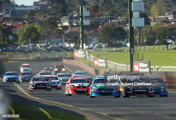 View of the start of qualifying race two for the Sandown 500, which is part of the V8 Supercars Championship at Sandown International Motor Raceway...