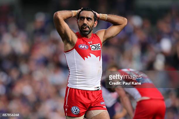 Adam Goodes of the Swans looks on after being defeated during the First AFL Qualifying Final match between the Fremantle Dockers and the Sydney Swans...