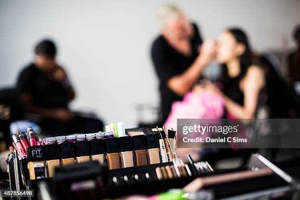 The make up tables backstage at Milk Studios on September 11, 2015 in New York City.