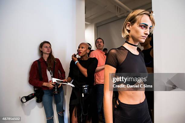 Model rehearsing the runway for Chromat featuring Intel Collaboration show at Milk Studios on September 11, 2015 in New York City.