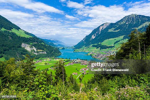 High altitude landscape with the Lungernsee, a village, mountains and green meadows at the bottom of Bruenigpass.