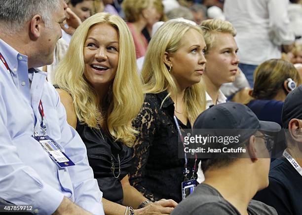 Annette Hjort Olsen, Stefan Edberg's wife and their children Emilie Edberg and Christopher Edberg attend day twelve of the 2015 US Open at USTA...