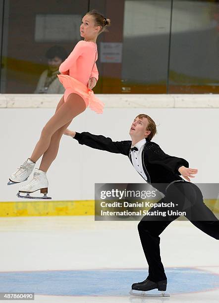 Amina Atakhanova and Ilia Spiridonov of Russia skate during the junior pairs free skating of ISU Junior Grand Prix of figure skating on September 12,...