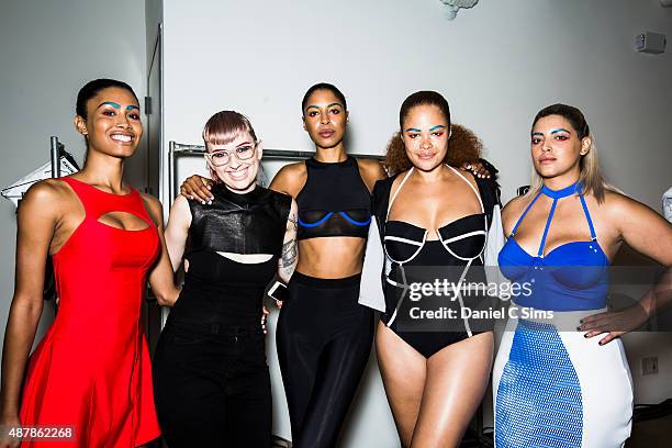 Designer Becca McCharen and models wearing her catwalk collection backstage after the show at Milk Studios on September 11, 2015 in New York City.