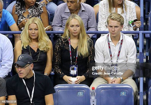 Annette Hjort Olsen, Stefan Edberg's wife and their children Emilie Edberg and Christopher Edberg attend day twelve of the 2015 US Open at USTA...