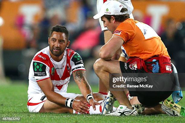 Benji Marshall of the Dragons is injured during the NRL Elimination Final match between the Canterbury Bulldogs and the St George Illawarra Dragons...