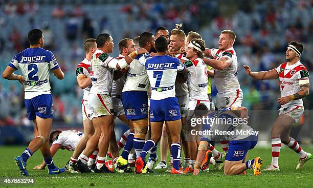 Fight breaks out during the NRL Elimination Final match between the Canterbury Bulldogs and the St George Illawarra Dragons at ANZ Stadium on...